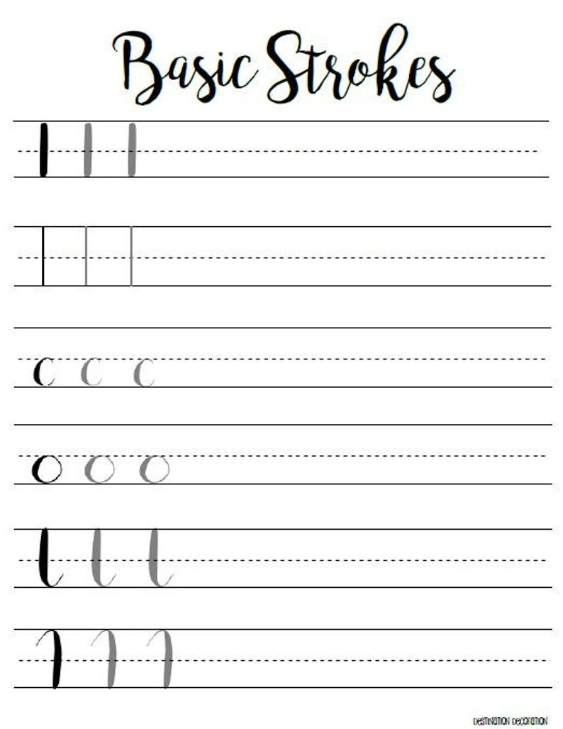 Brush Lettering Practice Worksheets Basic Strokes Basic Etsy