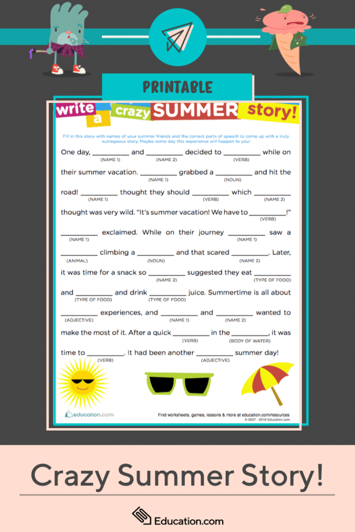 Crazy Story Summer Worksheets 99Worksheets