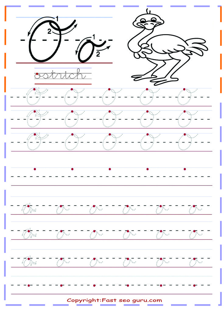 Cursive Handwriting Tracing Worksheets Letter O For Ostrich Cursive 