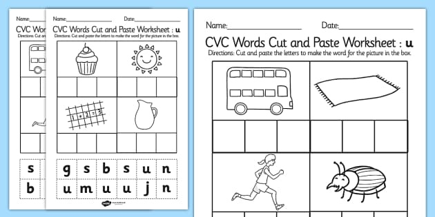 CVC Words Cut And Paste Worksheets U CVC Worksheets CVC