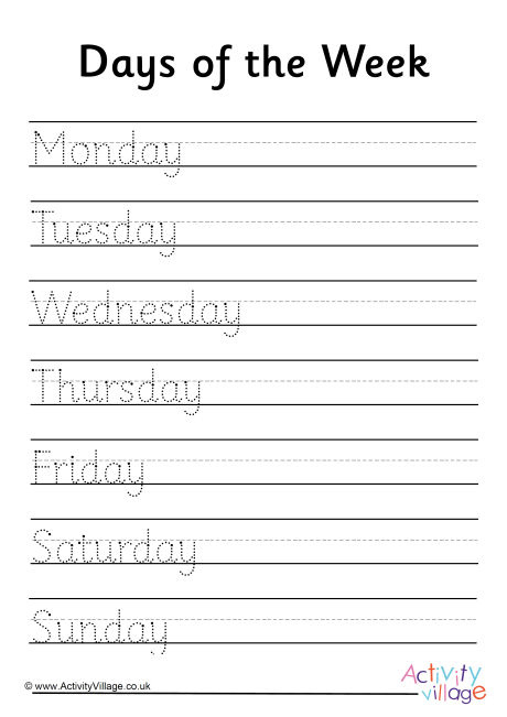 Days Of The Week Handwriting Worksheets