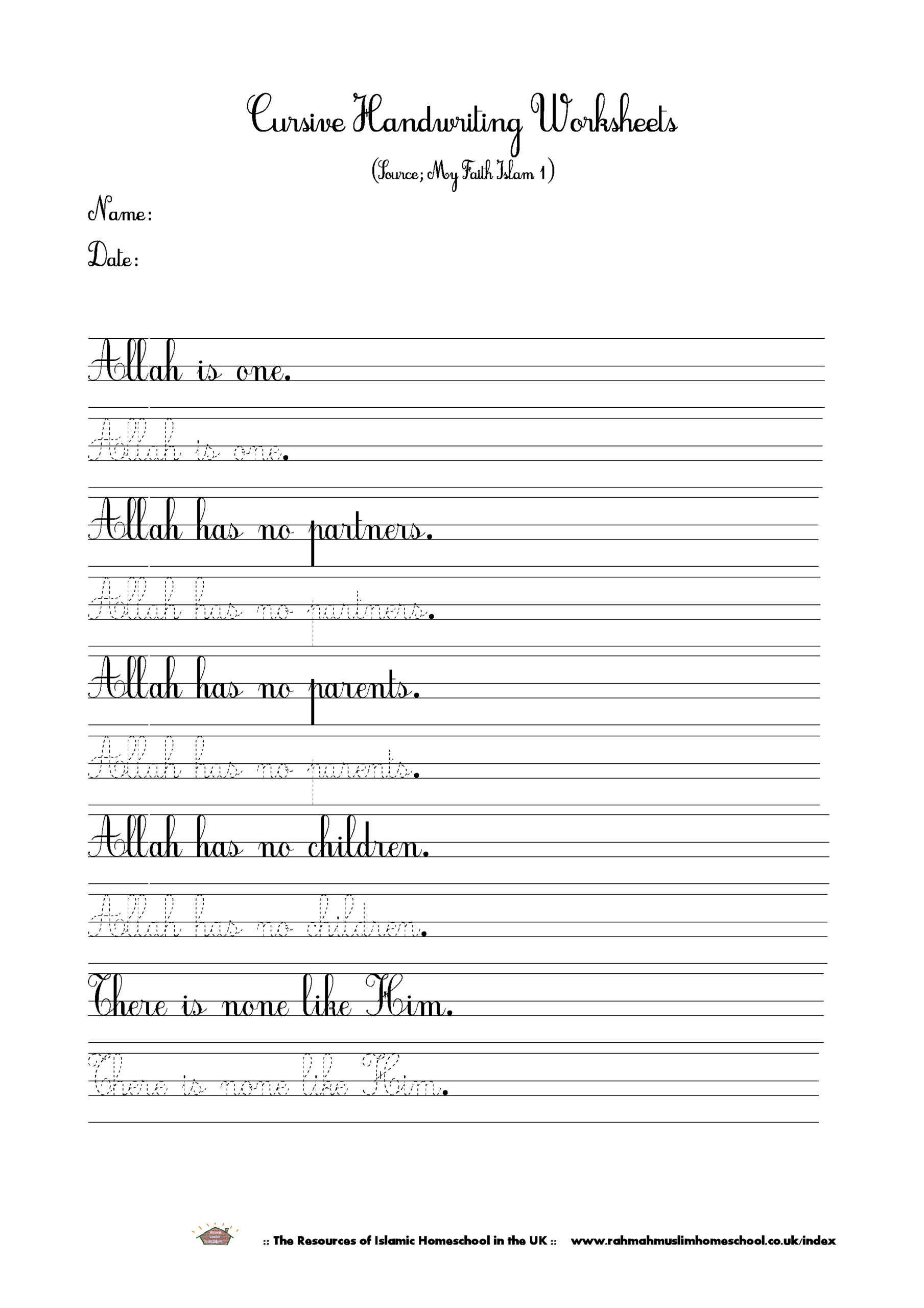 Islamic Cursive Handwriting Worksheet About Tawheed Tauhid The 