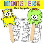 Monsters Stick Puppets Coloring Page Owl Writing Activities Pink Cat