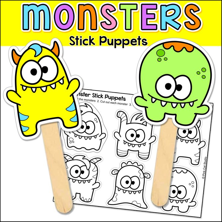 Monsters Stick Puppets Coloring Page Owl Writing Activities Pink Cat 