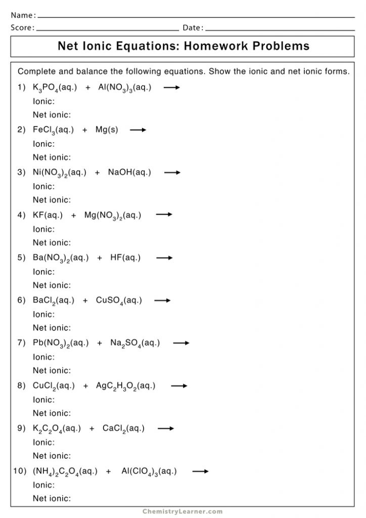 Net Ionic Equation Worksheets Chemistry Learner