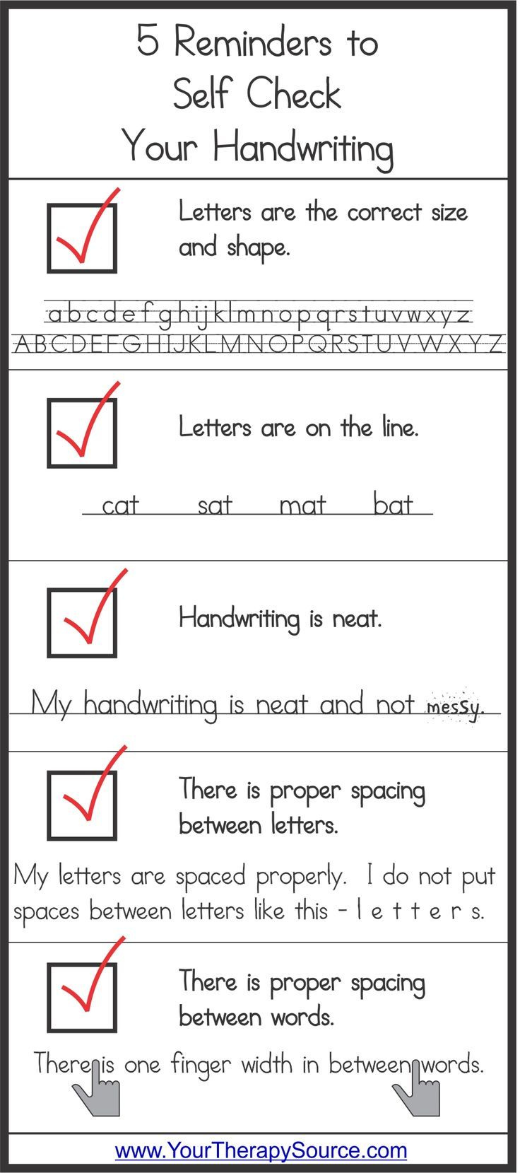 Self Check Handwriting Bookmarks Your Therapy Source Occupational 