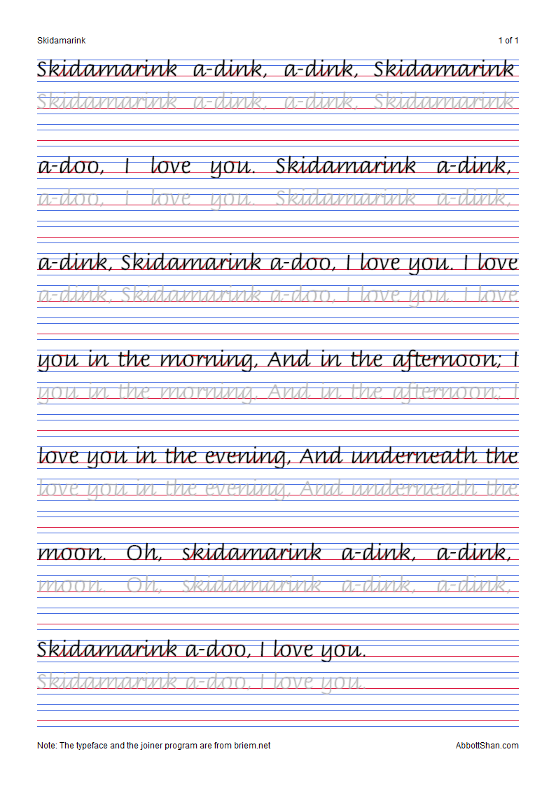 Skidamarink s Italic Handwriting Worksheets Multiple Sizes Are 